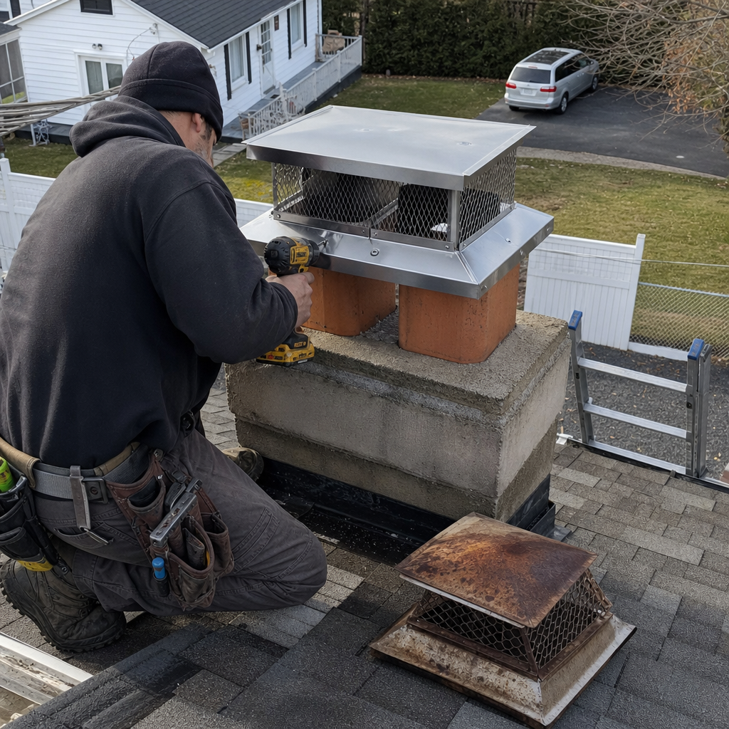 Technician installing a new stainless steel chimney cap on a roof in Connecticut, CT