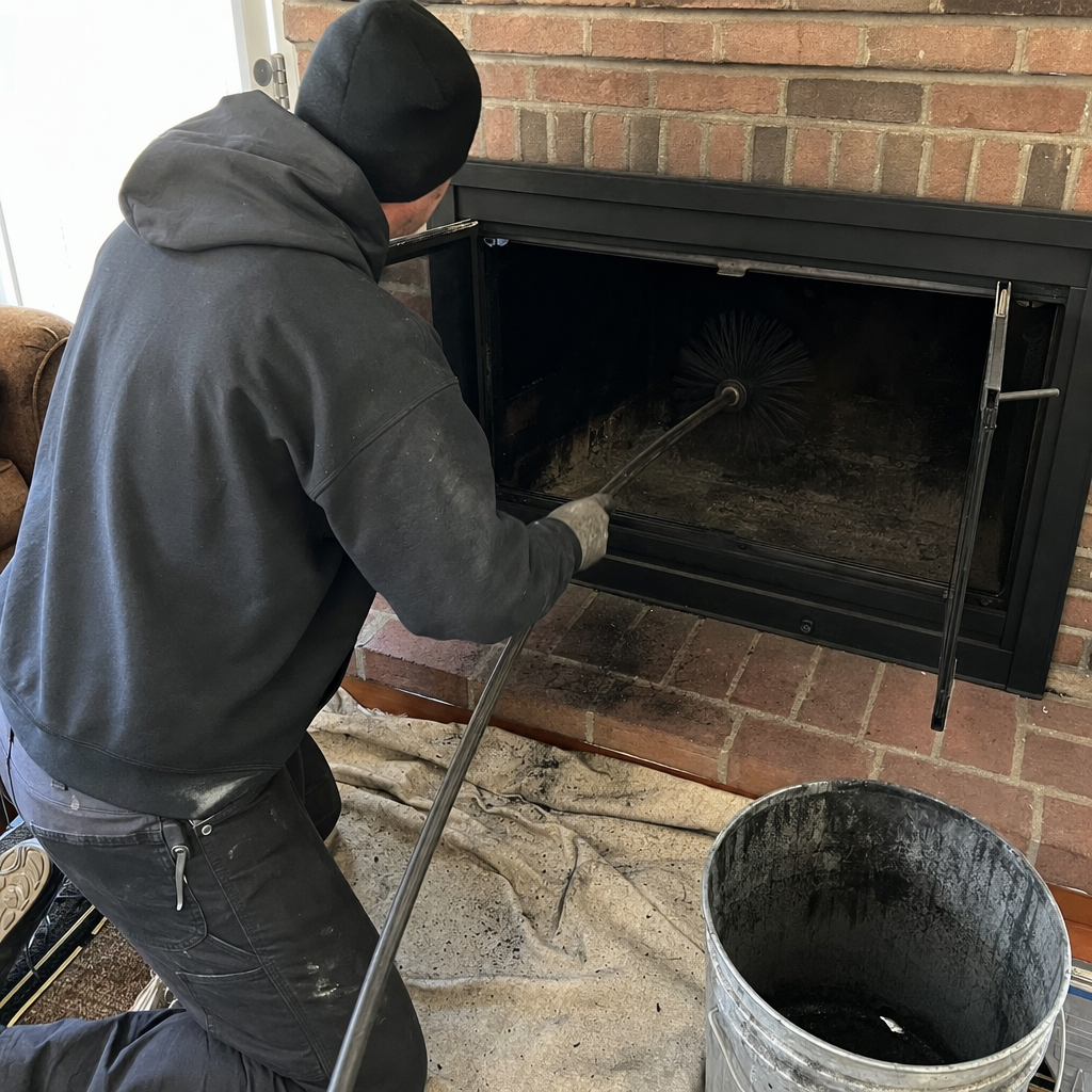 Professional chimney sweep cleaning a brick fireplace with a specialized brush in Connecticut, CT