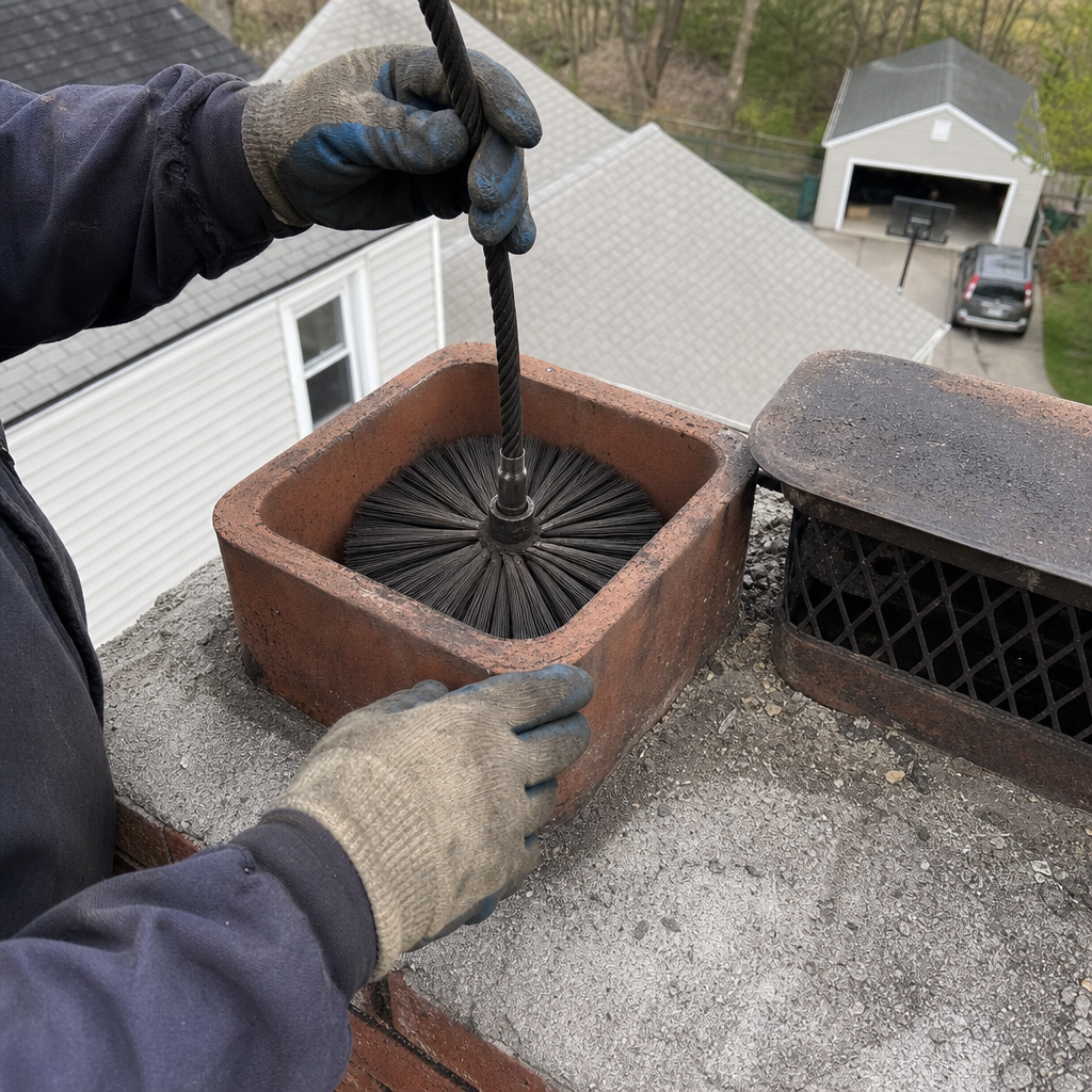 Professional chimney sweep cleaning a chimney flue with a wire brush