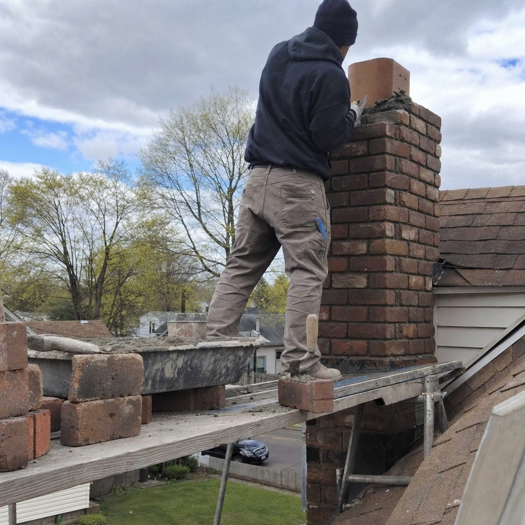 Professional mason performing a brick chimney rebuild and structural repair in Connecticut, CT