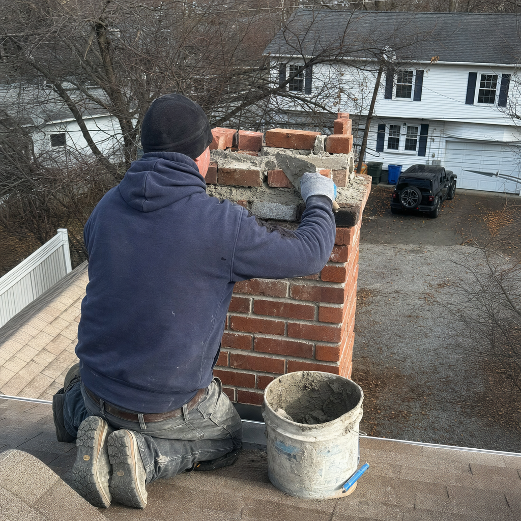 Professional mason performing brick chimney repair on a residential roof