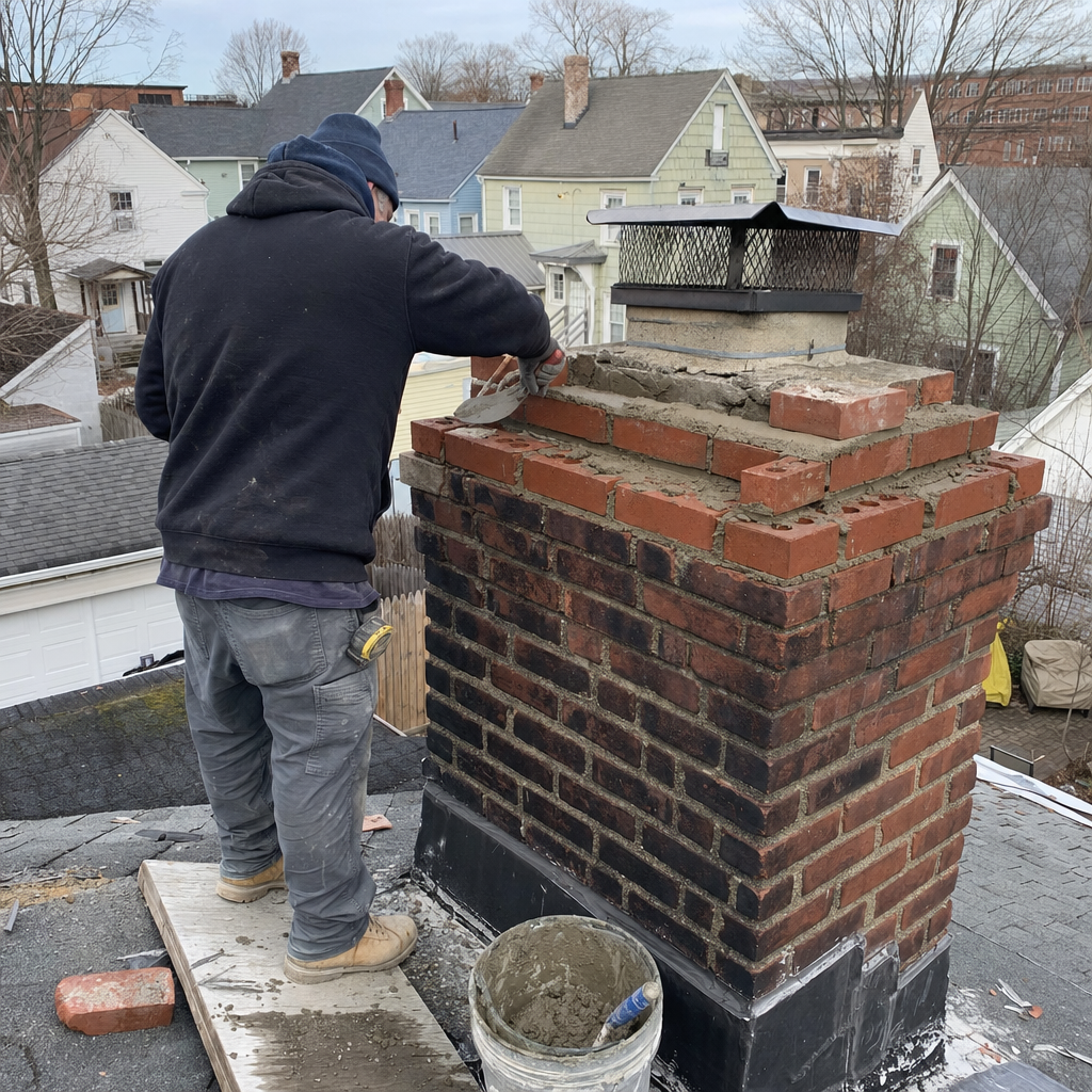 Professional mason performing expert chimney repair and brickwork maintenance on a roof.