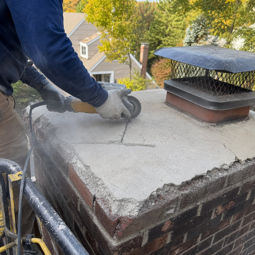 Technician performing professional chimney crown repair with power tool