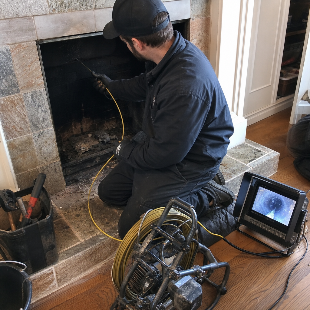 Technician using a chimney inspection camera for professional fireplace maintenance in Middletown, CT