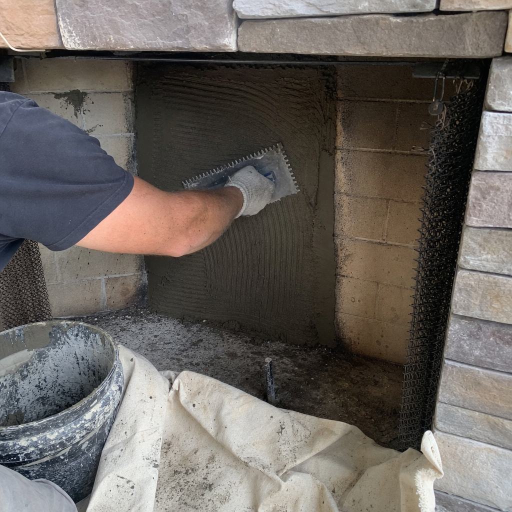 Professional contractor applying mortar to a fireplace interior for stone installation.